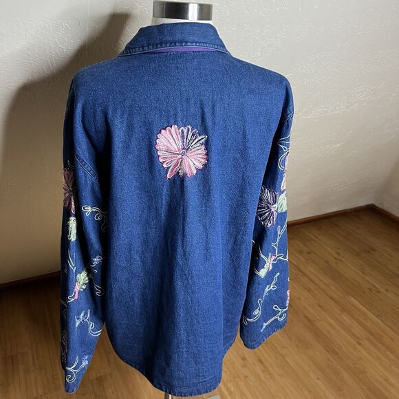 Vintage Denim Shirt Jacket Womens Medium Floral Beaded Embroidery - Picture 9 of 9